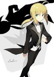  artoria_pendragon_(all) bad_id bad_pixiv_id blonde_hair bow bowtie character_name fate/zero fate_(series) formal green_eyes hekino_(aoruri) highres long_hair long_sleeves pant_suit ponytail reverse_trap saber shadow solo suit tuxedo 