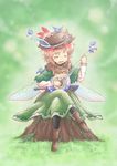  bird black_legwear blush boots capelet clover crossed_legs dagger dress green_background hat instrument open_mouth original pantyhose pink_hair playing pointy_ears sheath sitting solo viva!! weapon wings 