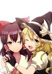  ashiwara_yuu blonde_hair blush bow braid colorized earrings fang fingerless_gloves gloves hair_bow hakurei_reimu hat hug jewelry kirisame_marisa long_hair multiple_girls one_eye_closed open_mouth purple_eyes smile star star_earrings touhou witch_hat 