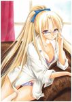  blonde_hair bra breasts cleavage couch glasses long_hair marker_(medium) medium_breasts open_clothes open_shirt original over-rim_eyewear panties ponytail purple_bra purple_panties semi-rimless_eyewear shirt sitting sleeves_folded_up solo tegaki_no_yuu thigh_gap traditional_media underwear very_long_hair window 