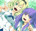  alternate_eye_color blonde_hair dutch_angle fang furude_rika green_eyes hairband higurashi_no_naku_koro_ni houjou_satoko kasetsu long_hair looking_at_viewer multiple_girls older one_eye_closed open_mouth pointing purple_eyes purple_hair school_uniform short_hair teenage tree v 