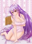  absurdres animal_ears apron bed biting breasts bunny_ears cleavage extra_ears frills highres large_breasts lip_biting long_hair naked_apron purple_hair red_eyes reisen_udongein_inaba saboten_teishoku solo touhou very_long_hair 