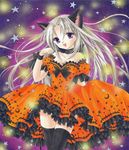  airbrush_(medium) animal_ears bad_id bad_pixiv_id black_legwear blonde_hair bow_legwear cat_ears collarbone dress frills halloween light_particles long_hair marker_(medium) neck_ribbon orange_dress original pastel_(medium) paw_pose puffy_short_sleeves puffy_sleeves purple_eyes ribbon short_sleeves solo star tegaki_no_yuu thighhighs traditional_media very_long_hair zettai_ryouiki 