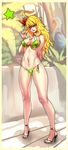  ahoge bikini bird blonde_hair breasts choker cleavage covered_nipples flower hair_flower hair_ornament heart high_heels highres hoshii_miki idolmaster idolmaster_(classic) jeffr large_breasts legs long_hair long_legs nail_polish navel open_mouth parrot shoes solo star swimsuit thighs toenail_polish toes yellow_eyes 