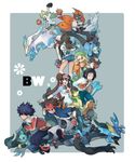  3girls 5boys bag baseball_cap bel_(pokemon) beret black_hair blonde_hair book brown_hair cameo cheren_(pokemon) copyright_name darumaka denim denim_shorts dewott double_bun ducklett egg fingerless_gloves gen_1_pokemon gen_4_pokemon gen_5_pokemon glasses gloves green_hair hat highres holding holding_poke_ball hue_(pokemon) jacket kyouhei_(pokemon) kyurem leggings mayday mei_(pokemon) minccino multiple_boys multiple_girls n_(pokemon) necktie oshawott pantyhose pikachu piplup poke_ball pokemon pokemon_(creature) pokemon_(game) pokemon_bw pokemon_bw2 ponytail raglan_sleeves ribbon riolu shoes shorts shoulder_bag sneakers snivy sparkle spiked_hair stoutland tepig touko_(pokemon) touya_(pokemon) twintails vest visor_cap zorua 