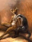  2018 akineza anthro badger black_nose breasts digital_media_(artwork) digital_painting_(artwork) duo female hyena male mammal mustelid sitting 