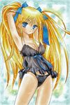  arms_behind_head babydoll black_panties blonde_hair blue_eyes bow breasts cleavage hair_bow long_hair marker_(medium) medium_breasts original panties pastel_(medium) ribbon solo standing tegaki_no_yuu traditional_media twintails underwear very_long_hair 