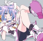  1boy :o bike_shorts black_shorts blue_hair gloves grey_background hacka_doll hacka_doll_3 ixy legs long_hair looking_at_viewer male_focus purple_eyes shorts simple_background solo trap white_gloves 