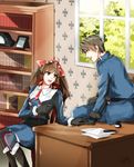  1girl :d alicia_melchiott bad_id bad_pixiv_id book bookshelf boots brown_eyes brown_hair bush desk gloves military military_uniform open_mouth paper pen senjou_no_valkyria senjou_no_valkyria_1 smile thighhighs twintails uniform welkin_gunther window 