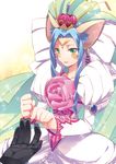  agarte_lindblum animal_ears blue_hair blush cat_ears circlet crown dress earrings flower green_eyes huge_bow jewelry pink_flower pink_rose puffy_sleeves rose short_hair sidelocks smile tales_of_(series) tales_of_rebirth veil white_dress yuru1031 