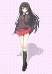  black_hair black_legwear blazer body_blush crossed_legs flat_chest full_body hair_flip highres jacket kagerou_(shadowmage) lavender_eyes loafers long_hair looking_at_viewer neck_ribbon original pink_background pleated_skirt polka_dot polka_dot_background ribbon school_uniform shadow shoes skirt smile socks solo standing watson_cross 