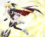  bardiche belt blonde_hair cape fate_testarossa hachikei hair_ribbon long_hair lyrical_nanoha mahou_shoujo_lyrical_nanoha mahou_shoujo_lyrical_nanoha_a's mahou_shoujo_lyrical_nanoha_the_movie_2nd_a's red_eyes ribbon solo thighhighs twintails 