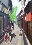  :o absurdres ahoge alley bicycle bike_jersey bike_shorts black_hair cat flat_chest ground_vehicle helmet highres lamp long_hair looking_up open_mouth original plant satellite_dish shadow shoes sign solo teeth tomaneko_(niku291414) 