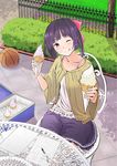  ;q bad_id bad_pixiv_id basketball chair food food_on_face highres ice_cream ice_cream_cone ice_cream_on_face looking_at_viewer one_eye_closed original purple_eyes purple_hair sitting solo tongue tongue_out yoropa 