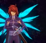  belt belts fingerless_gloves gloves kratos_aurion male male_focus red_eyes red_hair short_hair solo sword tales_of_(series) tales_of_symphonia weapon wings 