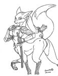  2002 armor black_and_white breasts canine dr_comet female fox foxtaur katana looking_at_viewer mammal monochrome plain_background ponytail pussy signature solo sword taur warrior weapon white_background 
