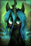  blue_eyes blue_hair changeling crown cute english_text fangs female friendship_is_magic hair horn imalou looking_at_viewer my_little_pony queen_chrysalis_(mlp) smile solo text wings 