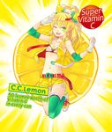  ;d bad_id bad_pixiv_id belt blonde_hair c.c._lemon c.c._lemon_(character) character_name copyright_name fingerless_gloves food fruit gloves green_eyes green_legwear hao_(patinnko) highres lemon lemon_slice navel one_eye_closed open_mouth ponytail shorts single_thighhigh smile solo thighhighs 