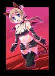  :d animal_ears black_gloves black_legwear blue_eyes border breasts brown_hair cleavage collar cosplay disgaea elbow_gloves etna etna_(cosplay) gloves highres imu_sanjo jewelry large_breasts long_hair lynette_bishop midriff navel open_mouth ponytail single_earring smile solo strike_witches tail thighhighs wings world_witches_series 