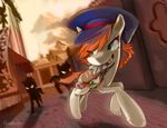  chase cloud detailed_background equine female food freckles fur green_eyes grin hair hat hinoraito horse looking_back mammal my_little_pony orange_hair original_character pony pursuit running sandwich sandwich_(food) silhouette white_fur 