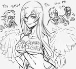  bb_(baalbuddy) breasts busujima_saeko cheerleader clothes_writing cosplay english greyscale highschool_of_the_dead juliet_starling juliet_starling_(cosplay) large_breasts lollipop_chainsaw long_hair midriff monochrome navel one_eye_closed pom_poms underboob zombie 