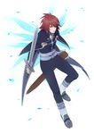  belt boots feathers hair_over_one_eye highres kratos_aurion male male_focus red_eyes red_hair short_hair solo sword tales_of_(series) tales_of_symphonia weapon wings 