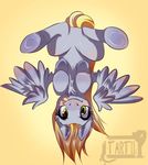  blonde_hair derpy_hooves_(mlp) equine female feral friendship_is_magic hair horse looking_at_viewer mammal my_little_pony pegasus plain_background pony solo tartii tongue upside_down wings yellow_eyes 