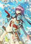  ahoge arm_belt blue_eyes gloves headband holding holding_sword holding_weapon judgement_(latale) latale petals purple_hair red_gloves scorpion5050 solo sword weapon wind 