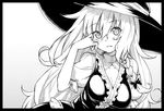  border braid breasts cleavage curly_hair greyscale hands hat hiroya_juuren kirisame_marisa long_hair looking_at_viewer medium_breasts monochrome ribbon single_braid solo touhou upper_body 