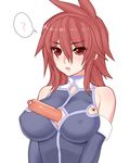  1girl bare_shoulders between_breasts blush breasts folks_(nabokof) food frown genderswap kratos_aurion large_breasts open_mouth red_eyes red_hair sausage short_hair solo tales_of_(series) tales_of_symphonia 