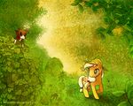  abstract_background ambiguous_gender applejack_(mlp) black_eyes blonde_hair brown_fur brown_nose bush canine collar cutie_mark dog equine eye_contact female feral friendship_is_magic fur green_background green_theme grey_eyes hair hat hinoraito horse leaves mammal my_little_pony orange_fur plain_background pony smile tongue tongue_out winona_(mlp) 