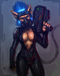  anthro augmentation blue_eyes breasts cat claws cleavage clothed clothing colored cyberpunk cyborg dark ears eyes feline female future futuristic gas_mask glowing glowing_eyes goo green gun hair invalid_tag looking_at_viewer mammal neurodyne paint_splatter plain_background ranged_weapon sci-fi solo splattered suit weapon 