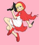  :d apron blonde_hair bloomers blue_eyes bow bulleta capelet cqc dress frills full_body gun hamachixyz holding holding_gun holding_weapon hood imi_uzi knife open_mouth pink_background red_capelet red_skirt skirt smile solo submachine_gun trigger_discipline underwear vampire_(game) weapon 