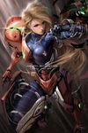  armor assembling blonde_hair blue_eyes bodysuit breasts james_ghio large_breasts lips long_hair metroid samus_aran signature skin_tight varia_suit very_long_hair watermark zero_suit 