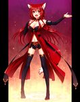  :d animal_ears bare_shoulders black_gloves black_legwear boots breasts bridal_gauntlets cleavage fang fox_ears fox_tail gloves highres konshin large_breasts long_hair navel open_mouth opera_the_vermelho pillarboxed pixiv_fantasia pixiv_fantasia_sword_regalia red_eyes red_hair short_shorts shorts smile solo tail thigh_boots thighhighs 