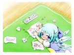  :&gt; blue_dress blue_eyes blue_hair blush box cirno crayon dress flying_sweatdrops from_above hair_ribbon highres looking_at_viewer looking_back looking_up lying nari0518 on_stomach outstretched_arm paper pillow puffy_sleeves ribbon rug short_hair short_sleeves solo tears touhou wings wooden_floor writing 