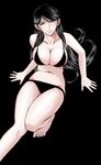  barefoot bikini black_background black_bikini black_eyes black_hair breasts chiba_shuusaku cleavage half-closed_eyes large_breasts long_hair navel original parted_lips simple_background solo swimsuit 