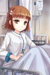  artist_request bangs bed blunt_bangs brown_eyes brown_hair expressionless hair_ornament hairpin half_updo hospital_bed intravenous_drip lowres lucca sitting solo striped sword_girls 