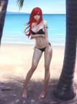  1girl arm_tattoo arm_under_breasts bikini black_bikini breasts cleavage closed_mouth commentary contrapposto dappled_sunlight day english_commentary erza_scarlet fairy_tail full_body gohpot hair_over_one_eye hand_on_thigh large_breasts long_hair looking_at_viewer navel ocean palm_tree red_hair sand shadow short_hair side-tie_bikini solo stomach strap_slip sunlight swimsuit tattoo tree water 