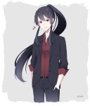  1girl alternate_costume artist_request black_hair black_pants formal grey_background highres kantai_collection pants ponytail red_shirt shirt simple_background sleeves_rolled_up solo suit suit_jacket tagme yahagi_(kantai_collection) 