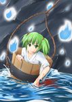  blood blood_on_face blood_stain bucket canoka eyelashes green_eyes green_hair hair_bobbles hair_ornament hitodama in_bucket in_container japanese_clothes kimono kisume light_smile looking_at_viewer rope short_hair solo touhou twintails water wooden_bucket 