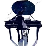  1girl bad_id bad_pixiv_id beamed_eighth_notes black_hair black_legwear braid eighth_note from_behind grand_piano height_difference instrument kneehighs knife leaning leaning_on_person long_hair long_sleeves madotsuki monochrome music musical_note night night_sky piano piano_bench playing_instrument playing_piano sekomumasada_sensei shadow sitting sky suzuen twin_braids twintails weapon white_background yume_nikki 