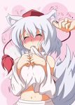  animal_ears blush breast_squeeze breasts closed_eyes eargasm fang hands_on_own_chest hat hat_ribbon heavy_breathing highres inubashiri_momiji medium_breasts midriff mouth_hold navel playing_with_another's_ears poking ribbon shirt short_hair silver_hair skirt solo sumikaze_midi tail tokin_hat touhou wolf_ears wolf_tail 