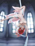  1girl blurry blurry_background breasts breasts_apart commentary english_commentary full_body gohpot hanging_breasts looking_at_viewer medium_breasts multiple_tails navel nipples nude original pose pussy red_hair signature solo suspension tail upside-down window 