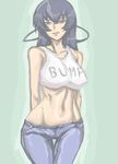  4chan arms_behind_back bare_shoulders bb_(baalbuddy) blue_hair breasts clothes_writing crop_top denim green_eyes groin highres igawa_asagi jeans large_breasts long_hair lowleg lowleg_pants midriff navel no_panties pants slender_waist solo taimanin_(series) taimanin_asagi thigh_gap wide_hips 