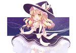  :d bangs blonde_hair bow braid dress frills hat heart heart-shaped_pupils kirisame_marisa long_hair mvv open_mouth outstretched_arm smile solo sparkle symbol-shaped_pupils touhou witch_hat yellow_eyes 
