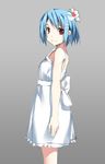  blue_hair brown_eyes dress from_side gradient gradient_background grey_background joeian looking_at_viewer original short_hair solo sundress white_dress 