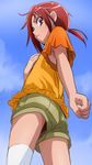  armpit_peek cloud day haruyama_kazunori hino_akane_(smile_precure!) orange_shirt panties precure red_eyes red_hair shirt short_hair shorts sky smile_precure! solo thighhighs underwear up_sleeve white_legwear 