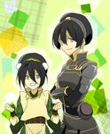  armor avatar:_the_last_airbender avatar_(series) black_hair blind catgirl0926 child chinese_clothes dual_persona green_eyes height_difference multiple_girls older the_legend_of_korra toph_bei_fong 