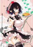  ;d alternate_costume black_hair black_legwear breasts food fork garters hat headdress heart highres holding kinsenka large_breasts looking_at_viewer maid omurice one_eye_closed open_mouth outline panties plate pointy_ears red_eyes shameimaru_aya side-tie_panties smile solo spoon thighhighs tokin_hat touhou underwear white_panties wrist_cuffs 